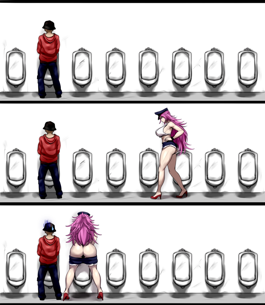 1boy 1girl ass breasts capcom clothes_pull hat height_difference high_heels highres huge_ass implied_futanari large_breasts long_hair meme micro_shorts nofuture pink_hair poison_(final_fight) shorts shorts_pull street_fighter sweatdrop thick_thighs thighs urinal