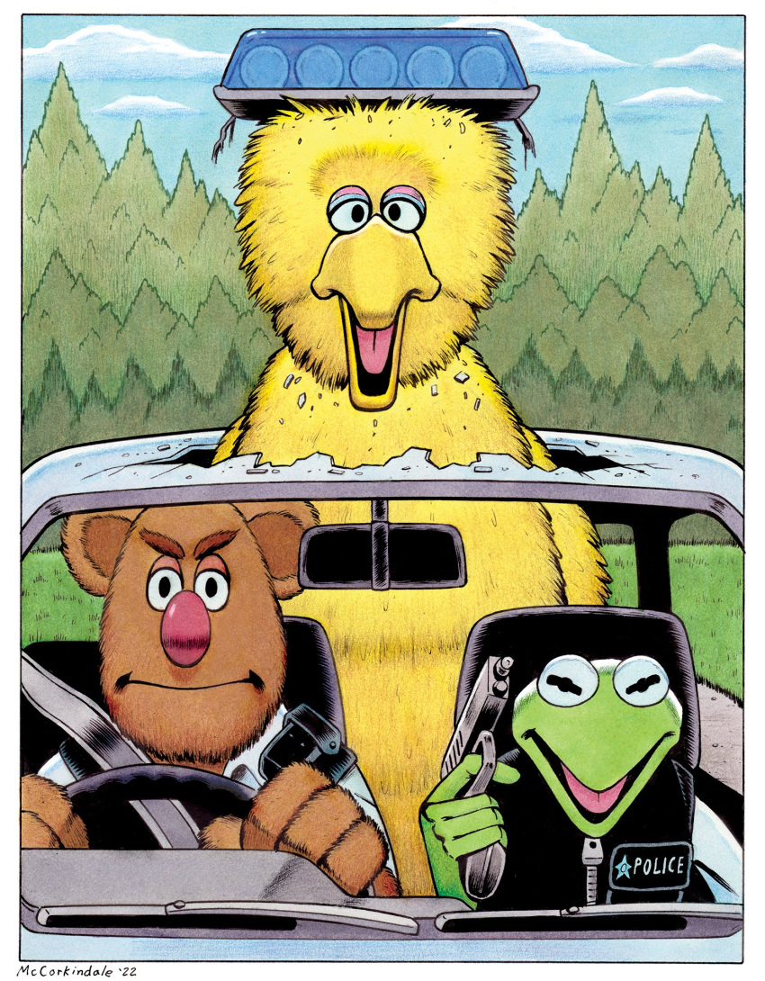 2022 4_fingers 5_fingers amphibian anthro avian beak big_bird big_nose bird border brown_body brown_fur bruce_mccorkindale car clothing crossover eyebrows feathers fingers forest fozzie_bear frog fur grass green_body group gun hi_res hot_fuzz kermit_the_frog looking_at_viewer male mammal mirror muppet muppets parody plant police_car police_siren police_uniform ranged_weapon red_nose seatbelt sesame_street signature steering_wheel text the_muppet_show thick_eyebrows tree trio uniform ursid vehicle weapon white_border yellow_body yellow_feathers