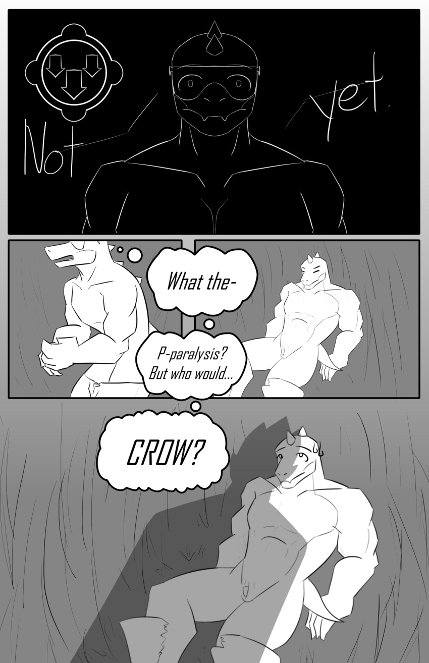 anthro buzz_(brawl_stars) comic crow_(brawl_stars) dinosaur duo falling grass greyscale hi_res male male/male monochrome nielon_saberton paralysis plant reptile scalie shadow stunned