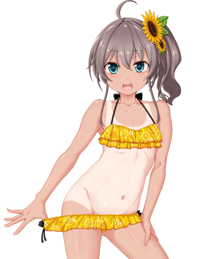 1girl ahoge bangs bikini bikini_pull blue_eyes brown_hair clothes_pull commentary cowboy_shot flat_chest flower frilled_bikini frills groin hair_flower hair_ornament halterneck highres hololive looking_at_viewer medium_hair natsuiro_matsuri navel one-piece_tan open_mouth pulled_by_self seushiki_(ponti-ron) side_ponytail simple_background smile solo standing sunflower_hair_ornament swimsuit tan tanlines virtual_youtuber white_background yellow_bikini