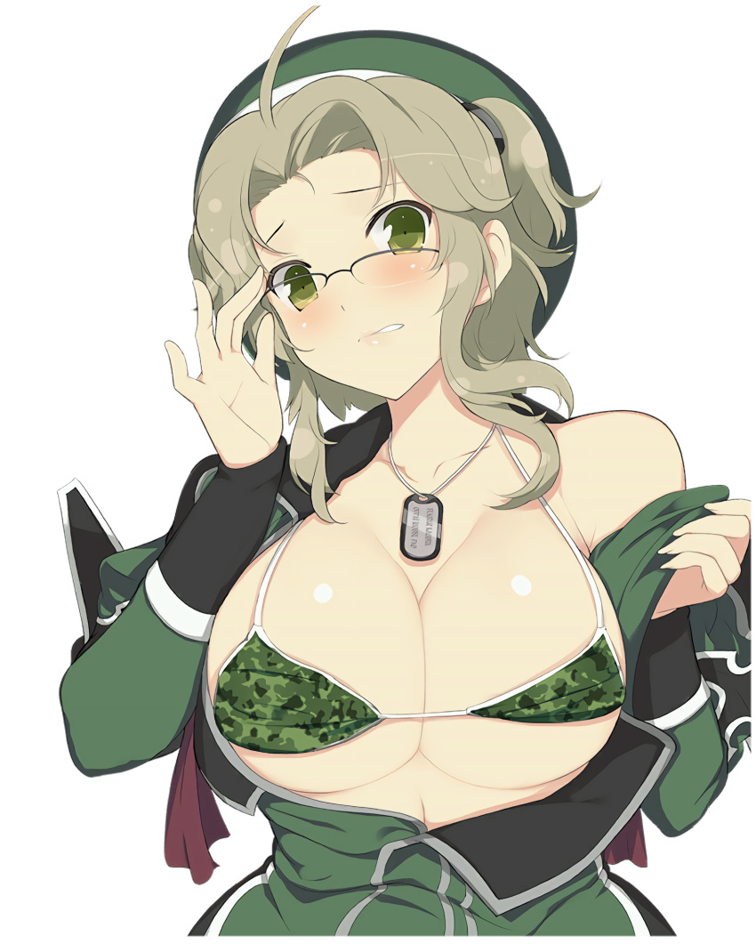 1girl bangs bare_shoulders bikini bikini_under_clothes blush breasts camouflage camouflage_bikini cleavage embarrassed frown glasses green_eyes green_headwear hat highres imu_(senran_kagura) jacket large_breasts light_brown_hair long_sleeves looking_at_viewer military_hat open_clothes open_jacket opened_by_self parted_bangs partially_unbuttoned rimless_eyewear semi-rimless_eyewear senran_kagura senran_kagura_shinovi_versus short_twintails standing swimsuit twintails under-rim_eyewear underwear yaegashi_nan