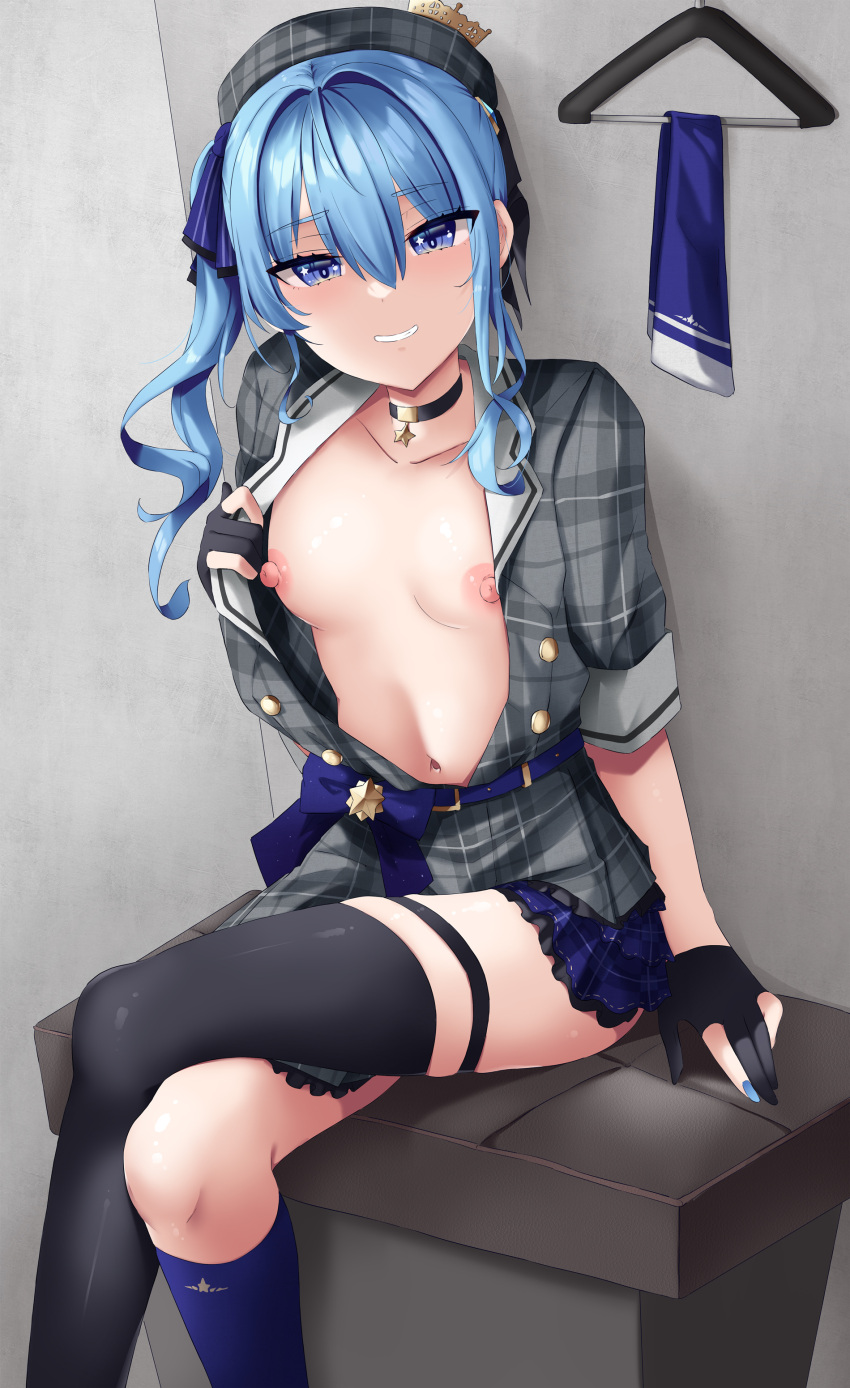 1girl a_re absurdres ascot_removed asymmetrical_legwear beret black_choker black_gloves black_thighhighs blue_eyes blue_hair blue_nails blue_ribbon blue_socks breasts changing_room choker clothes_hanger clothes_pull crossed_legs crown frilled_skirt frills gloves grin hair_ribbon hat highres hololive hoshimachi_suisei kneehighs looking_at_viewer mini_crown mismatched_legwear navel nipples open_clothes open_shirt partially_fingerless_gloves plaid plaid_headwear plaid_shirt plaid_skirt pulled_by_self ribbon shirt shirt_pull side_ponytail sidelocks single_kneehigh single_sock single_thighhigh sitting skindentation skirt small_breasts smile socks solo star_(symbol) star_choker star_in_eye symbol_in_eye thigh_strap thighhighs uneven_legwear virtual_youtuber wavy_hair