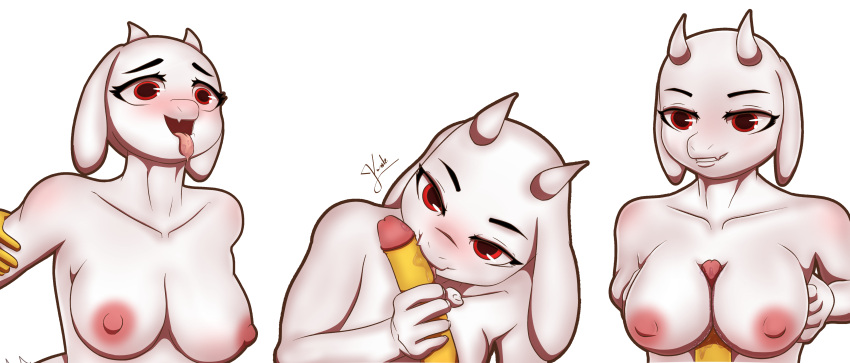absurd_res ahegao ambiguous_fluids anthro bovid breast_play breasts caprine duo female frisk_(undertale) genitals goat hi_res horn human humanoid kevwrite looking_pleasured male male/female mammal oil oral penetration red_eyes sex titfuck tongue tongue_out toriel undertale undertale_(series) video_games white_body yellow_body