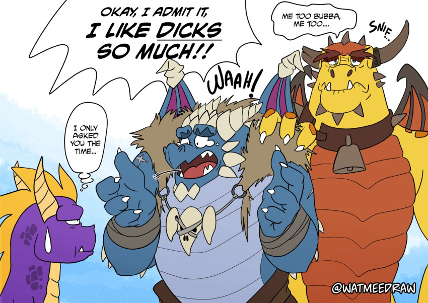 activision anthro bodily_fluids boris_(spyro) bubba_(spyro) comic dragon english_text frown group humor male membrane_(anatomy) membranous_wings muscular scalie spyro spyro_reignited_trilogy spyro_the_dragon stated_homosexuality stated_sexuality sweat sweatdrop text trio video_games watmeedraw western_dragon wings