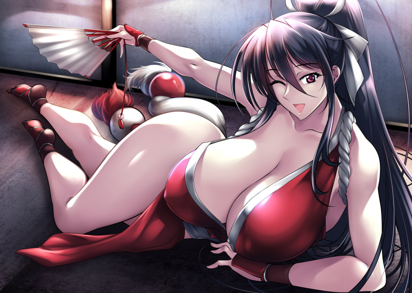 1girl absurdres arm_guards black_hair breasts cleavage cosplay fatal_fury folded_fan folding_fan haganef hand_fan high_school_dxd highres himejima_akeno holding holding_fan huge_breasts long_hair looking_at_viewer lying on_floor on_side one_eye_closed open_mouth pelvic_curtain ponytail red_eyes rope shiranui_mai the_king_of_fighters