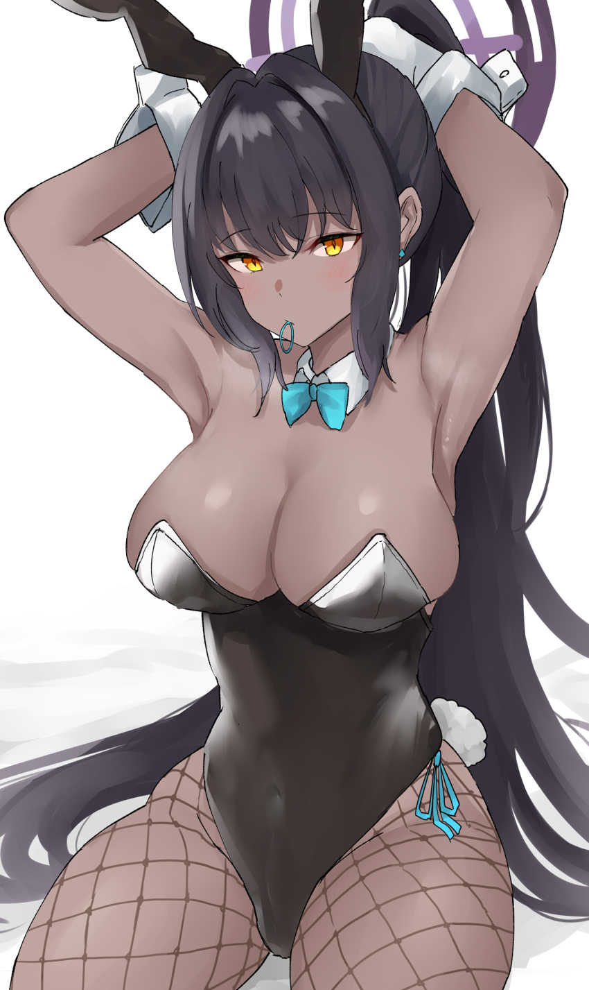 1girl adjusting_hair animal_ears armpits bare_shoulders black_hair blue_archive breasts cleavage dark-skinned_female dark_skin fake_animal_ears fake_tail fishnet_pantyhose fishnets halo highres karin_(blue_archive) karin_(bunny)_(blue_archive) large_breasts long_hair looking_at_viewer mouth_hold nyakonro_(nekonro) pantyhose rabbit_ears rabbit_tail simple_background sitting solo tail thighs very_long_hair wariza white_background yellow_eyes