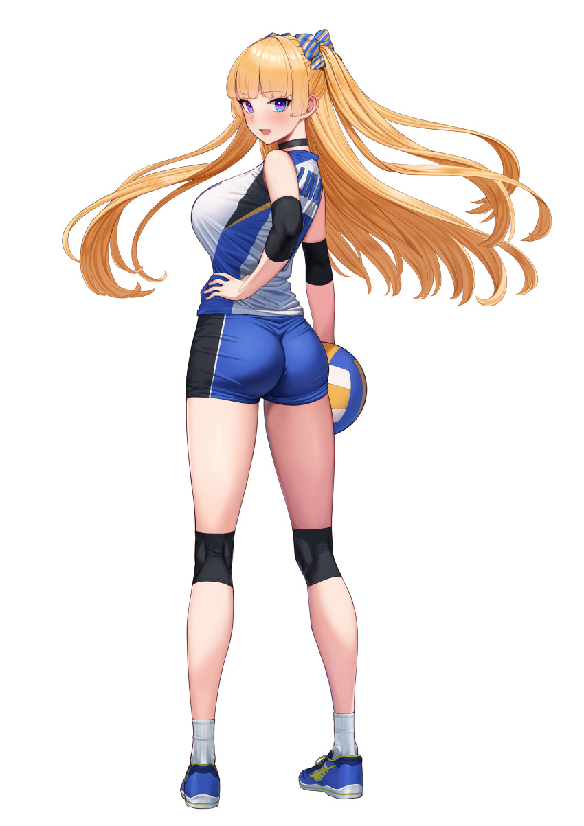 1girl :d absurdres arm_at_side ass ball bangs black_choker blonde_hair blue_eyes blue_footwear blue_shorts blush bow breasts choker commentary_request elbow_pads floating_hair full_body hair_bow hand_on_hip highres holding holding_ball invisible_floor knee_pads large_breasts legs lina_(michihasu) long_hair looking_at_viewer looking_back michihasu multicolored_bow open_mouth original shirt shoes short_shorts shorts sidelocks simple_background sleeveless sleeveless_shirt smile sneakers socks solo sportswear standing striped striped_bow tachi-e two-tone_shorts two_side_up volleyball volleyball_uniform white_background white_socks