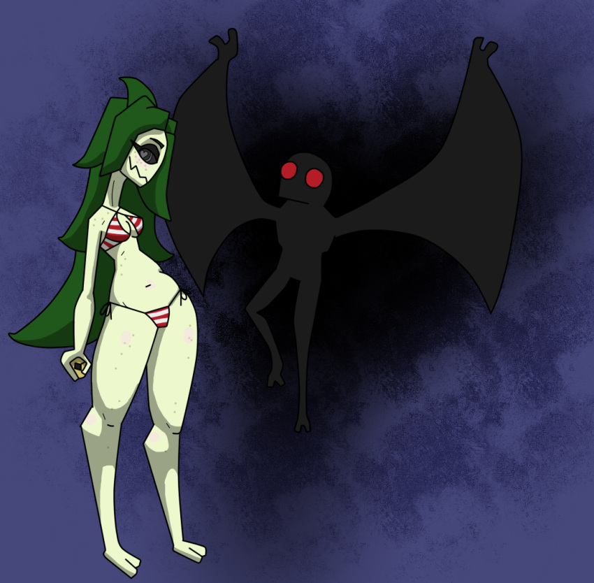 &lt;3 &lt;3_eyes 2019 aki_(squablodecomplash) anthro arthropod bikini black_body black_eyes black_sclera blush blush_lines breasts cleavage clothed clothing duo elemental_creature elemental_humanoid female flora_fauna floran green_body green_hair hair happy holding_object humanoid insect lepidopteran long_hair moth mothman multicolored_clothing plant plant_humanoid red_clothing red_eyes smile squablodecomplash starbound swimwear two_tone_clothing underwear video_games white_clothing wings
