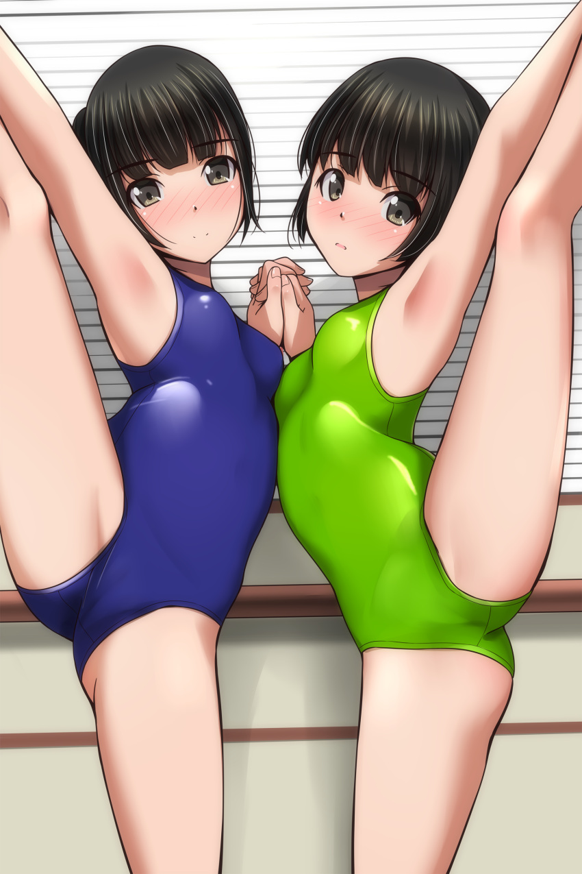 2girls absurdres arm_up armpits black_hair blush breasts brown_eyes closed_mouth highres holding_hands interlocked_fingers leg_up long_hair looking_at_viewer matsunaga_kouyou multiple_girls original short_hair small_breasts smile split standing standing_on_one_leg standing_split