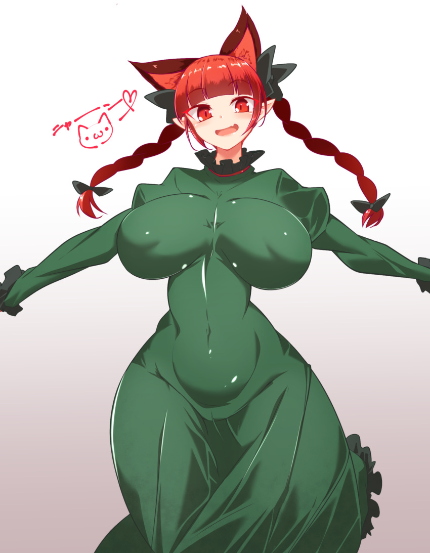1girl :d animal_ears bangs blunt_bangs bow braid breasts cat_ears covered_navel covered_nipples dress fang gradient gradient_background green_dress highres huge_breasts kaenbyou_rin open_mouth pandain red_eyes red_hair signature simple_background skin_fang smile solo touhou twin_braids