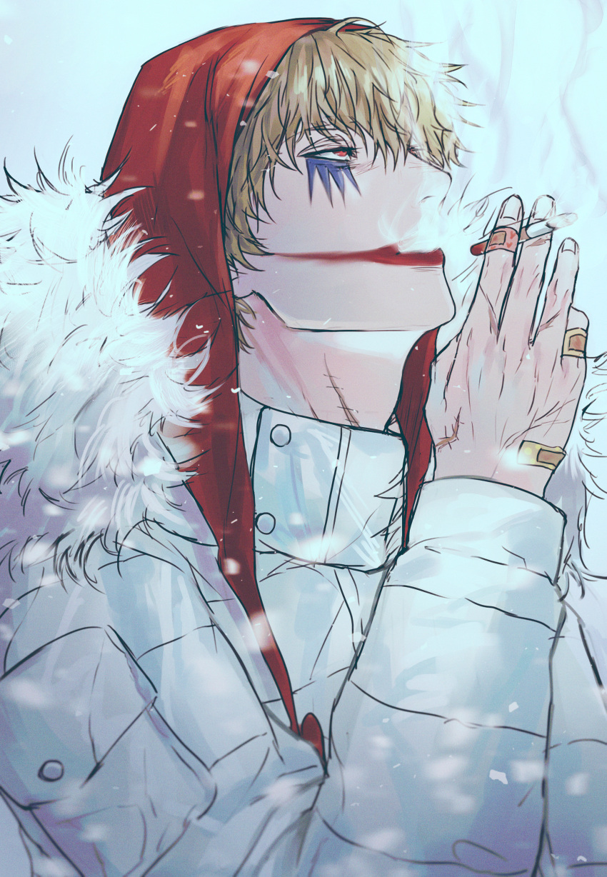 1boy absurdres binonep blonde_hair cigarette donquixote_rocinante from_side half-closed_eyes hat highres holding hood lipstick long_sleeves looking_up makeup male_focus one_piece scar scar_on_hand short_hair showing smoke smoking solo winter_clothes