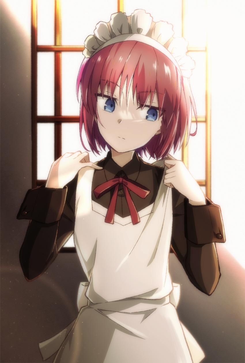 1girl apron azami_masurao bangs blue_eyes brown_dress closed_mouth commentary_request dress highres hisui_(tsukihime) indoors long_sleeves looking_away maid maid_apron maid_headdress neck_ribbon red_hair red_ribbon ribbon short_hair solo sunlight tsukihime white_apron window