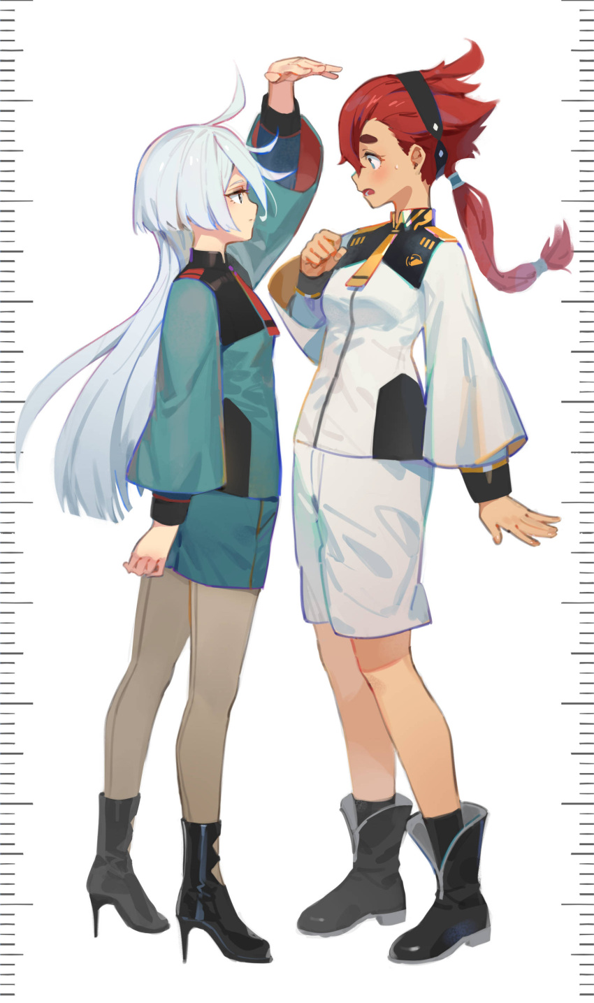 2girls absurdres ahoge ankle_boots arm_up black_footwear black_hairband black_socks blue_eyes blush boots ddal full_body green_jacket green_shorts grey_hair grey_pantyhose gundam gundam_suisei_no_majo hairband hand_up height_difference height_mark high_heels highres jacket long_hair long_sleeves looking_at_another low_ponytail miorine_rembran multiple_girls necktie open_mouth pantyhose red_hair red_necktie school_uniform shorts socks standing suletta_mercury thick_eyebrows white_jacket white_shorts wide_sleeves yellow_necktie