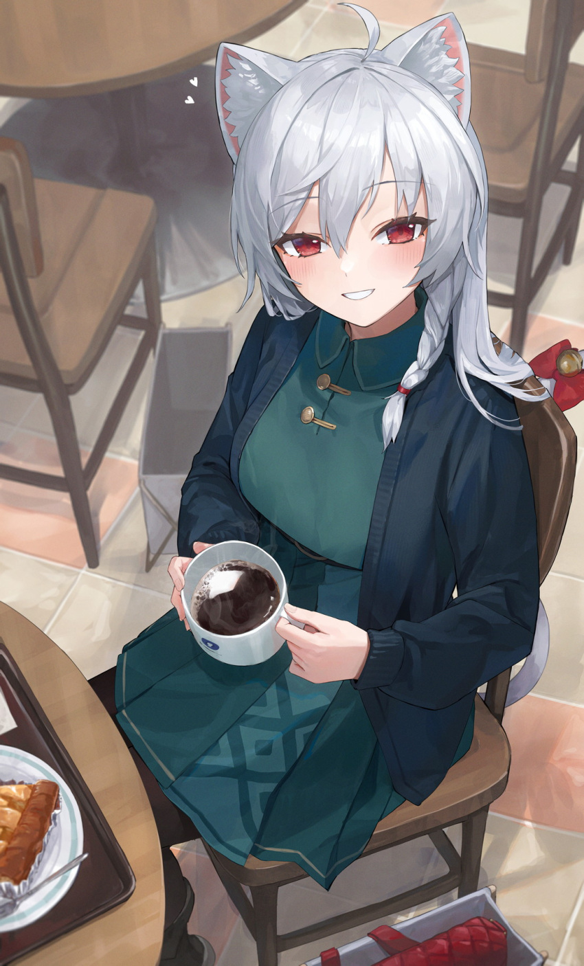 1girl :d ahoge animal_ear_fluff animal_ears bag bell black_jacket black_pantyhose blush bow braid cafe cake cake_slice cat_ears cat_girl cat_tail chair coffee coffee_mug collared_dress cup dress ebiri_fy food from_above green_dress grey_hair heart highres holding holding_cup jacket jingle_bell long_hair long_sleeves looking_at_viewer looking_up mug open_clothes open_jacket original pantyhose parted_lips plate red_bow red_eyes side_braid sitting smile solo steam table tail tail_bow tail_ornament tray