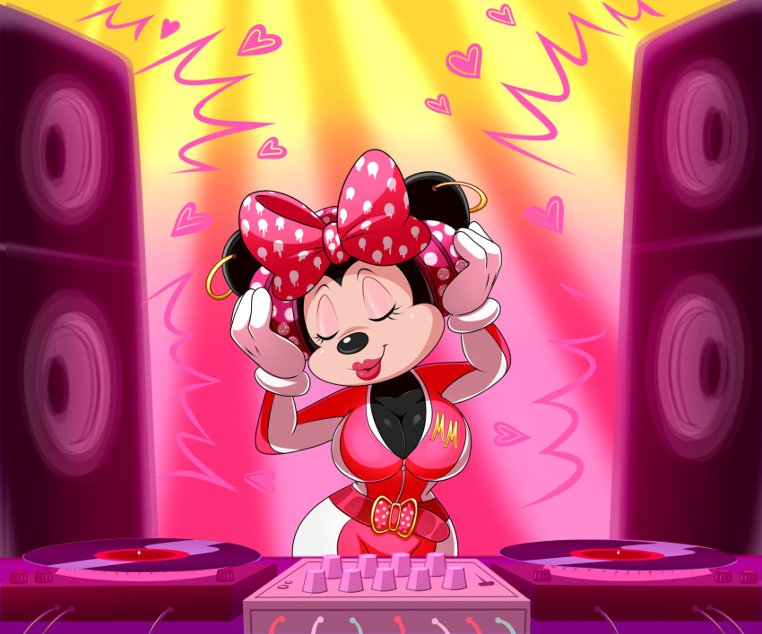 accessory anthro bow_(feature) bow_ribbon breasts clothed clothing disc_jockey disney eyelashes female hair_accessory hair_bow hair_ribbon headphones hi_res lips lipstick lonbluewolf makeup mammal minnie_mouse mouse murid murine ribbons rodent smile solo speaker turntable_(decks) vinyl