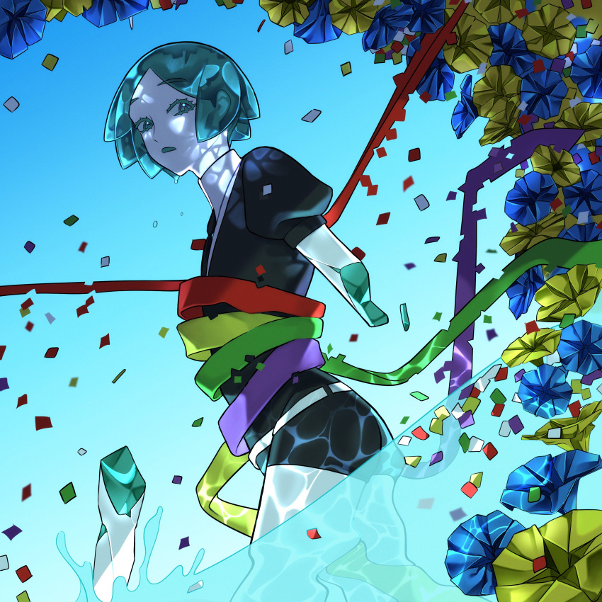 1other absurdres amputee androgynous aqua_eyes aqua_hair black_necktie blue_nails blue_sky caustics confetti cow crystal crystal_hair dappled_sunlight dissolving dutch_angle flower from_side gem gem_uniform_(houseki_no_kuni) green_ribbon hanamuko highres houseki_no_kuni looking_at_viewer looking_to_the_side necktie other_focus parted_lips phosphophyllite puffy_short_sleeves puffy_sleeves red_ribbon restrained ribbon severed_arm severed_limb short_hair short_jumpsuit short_sleeves sky solo standing sunlight wading water yellow_flower