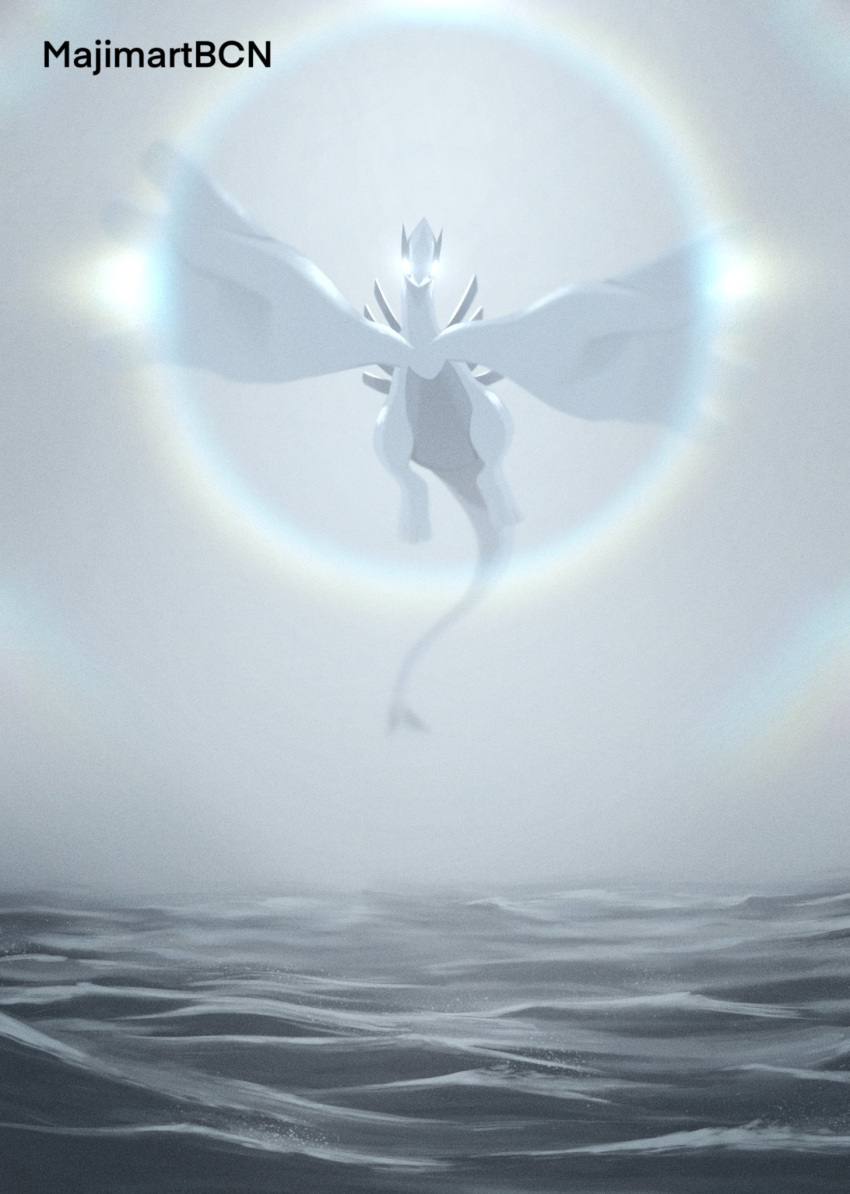 ambiguous_gender artist_name blue_body blue_countershading colored countershading digital_media_(artwork) digital_painting_(artwork) featureless_crotch fog foggy generation_2_pokemon glare_(lighting) hi_res legendary_pokemon lineless lugia majimartbcn nintendo pokemon pokemon_(species) scales sea shaded simple_background solo video_games water wave white_background white_body white_scales