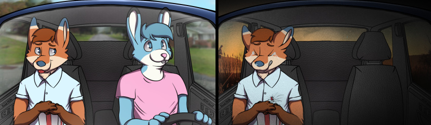anthro blue_body blue_fur bodily_fluids canid canine car drama duo fox friends frosty_lapine fur hi_res jebbthefoxy jebby lagomorph leporid male male/male mammal rabbit sad tears tears_of_pain trich_the_bunno united_states_of_america vehicle white_body white_fur wounded