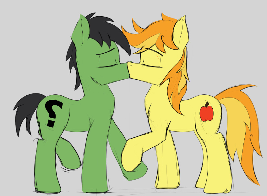 2022 absurd_res anon anon_stallion black_hair black_mane braeburn_(mlp) colored_sketch cutie_mark digital_media_(artwork) duo earth_pony equid equine eyebrows eyes_closed friendship_is_magic green_body grey_background hair hasbro hi_res hoof_hold horse kissing male male/male mammal mane multicolored_hair multicolored_mane my_little_pony orange_hair orange_mane pony raised_leg sefastpone simple_background sketch standing two-tone_tail two_tone_hair two_tone_mane yellow_body