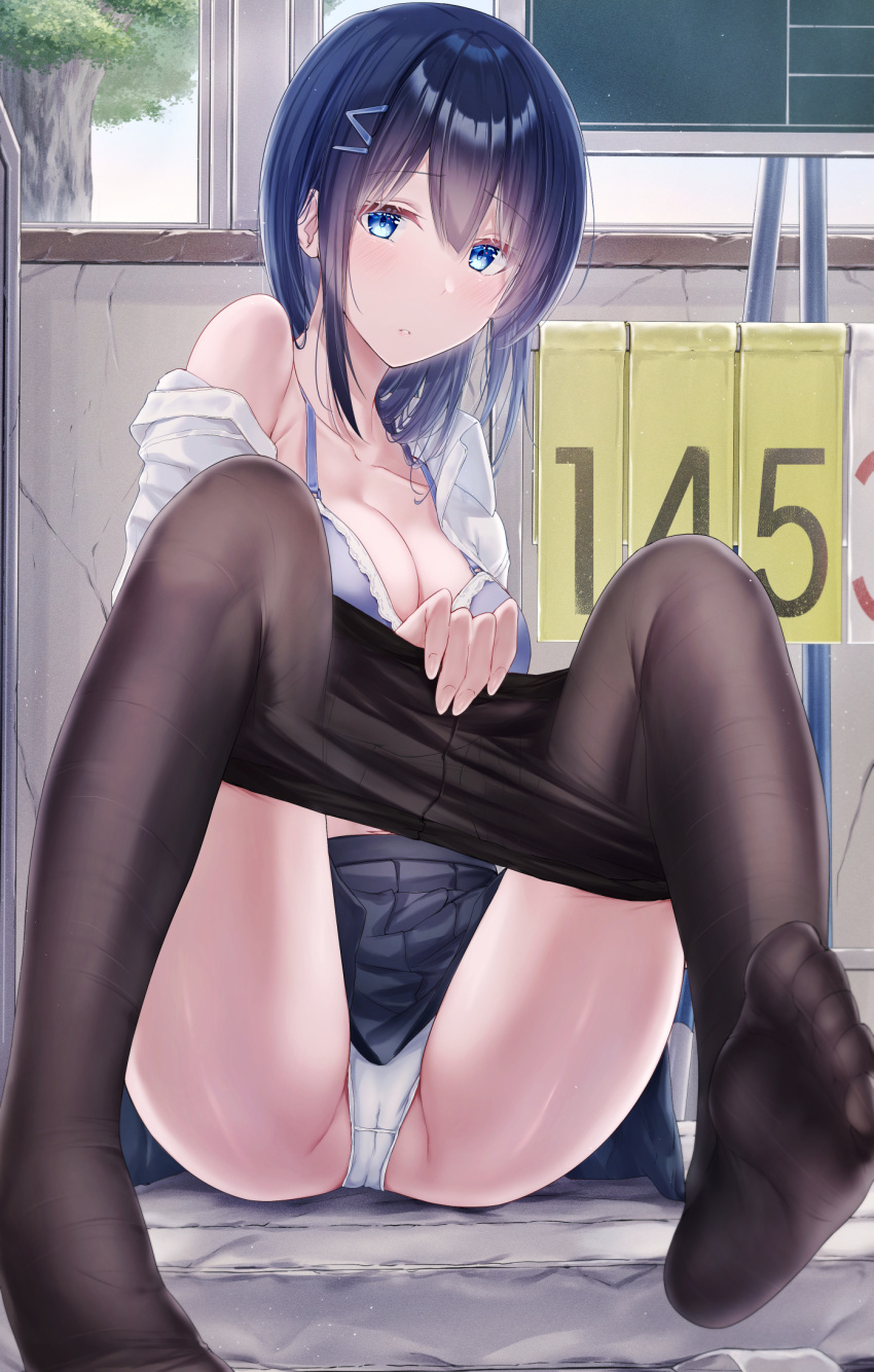 1girl ass black_pantyhose blue_eyes blue_hair bra breasts cleavage clothes_pull collarbone collared_shirt crotch day feet hair_ornament hairclip highres indoors medium_breasts meen_(ouaughikepdvrsf) original panties pantyhose pantyhose_pull parted_lips purple_bra school_uniform shirt sitting soles solo thighs toes underwear wall white_panties white_shirt window