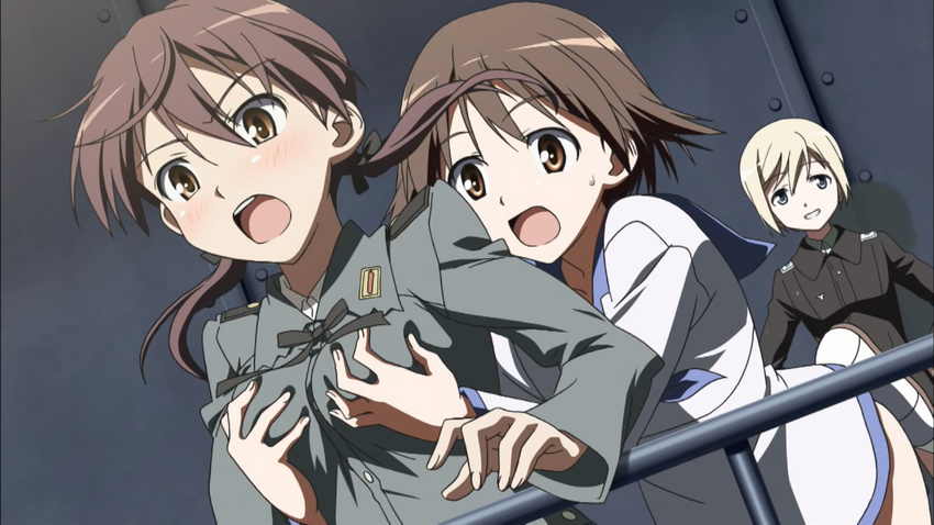 :d artist_request blush breast_grab breasts brown_hair erica_hartmann expressionless gertrud_barkhorn grabbing grabbing_from_behind green_eyes long_sleeves medium_breasts miyafuji_yoshika multiple_girls open_mouth railing short_hair smile strike_witches surprised uniform world_witches_series yuri
