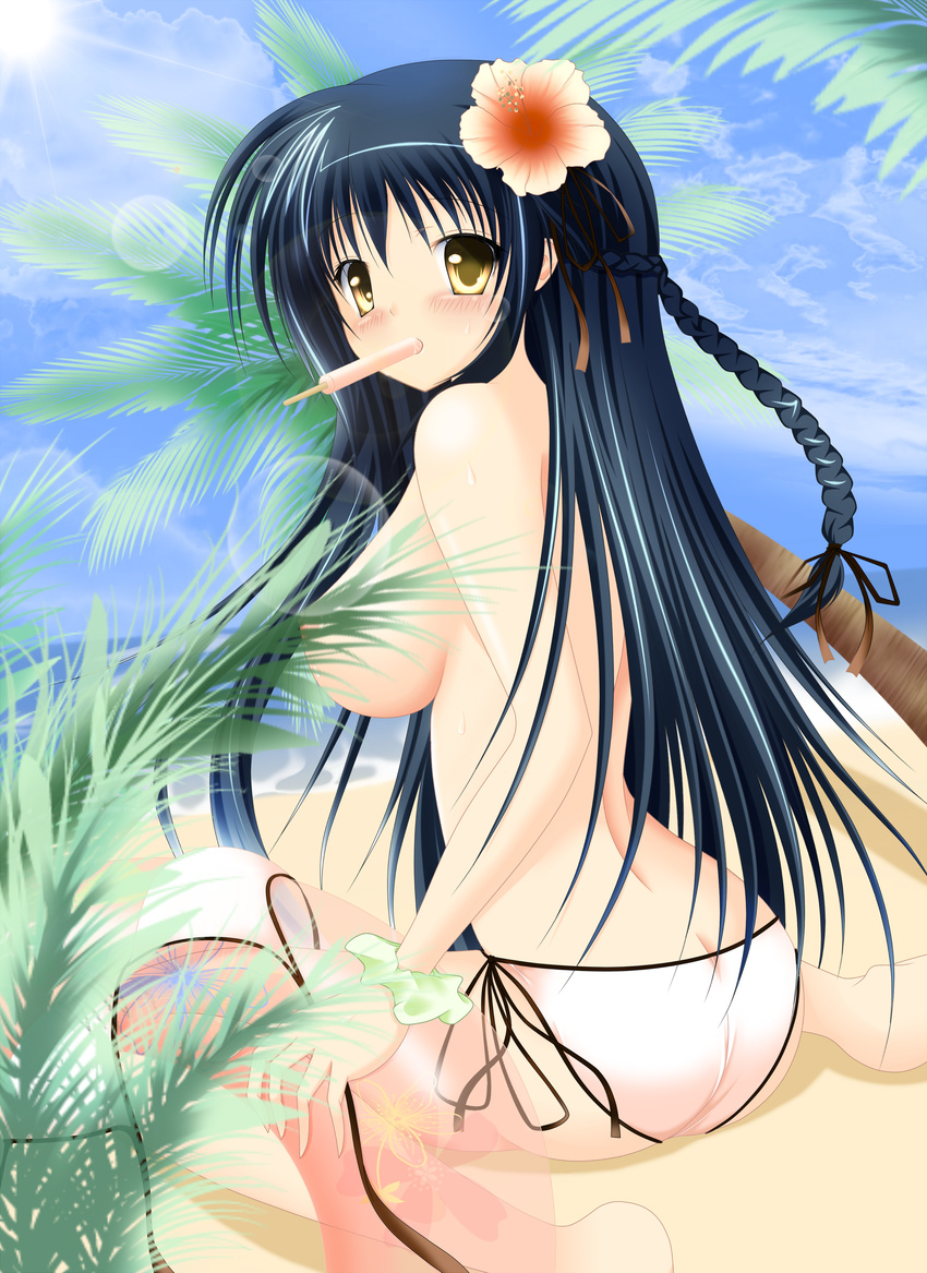 absurdres bad_id bad_pixiv_id bikini black_hair blush braid butt_crack censored convenient_censoring copyright_request flower food hibiscus highres innertube lens_flare long_hair looking_back mouth_hold naoki_(pastel-color-pop) popsicle side-tie_bikini sitting solo swimsuit topless twin_braids yellow_eyes