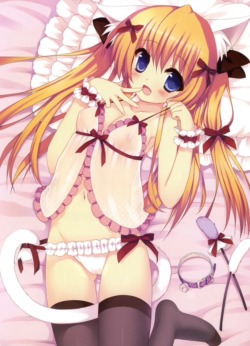 absurdres animal_ears areolae babydoll bell bell_collar black_legwear blue_eyes blush breasts cameltoe cat_ears cleavage collar fang finger_to_mouth hair_ribbon highres long_hair lying nemunemu_(candy_paddle) on_back orange_hair original panties ribbon see-through side-tie_panties small_breasts smile solo tail thighhighs two_side_up underwear