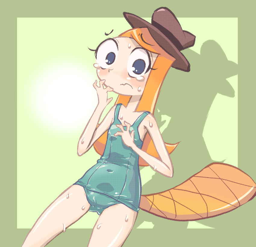 blue_eyes blush cameltoe candace_gertrude_flynn cosplay covered_navel hat k-nattoh navel one-piece_swimsuit orange_hair perry_the_platypus perry_the_platypus_(cosplay) phineas_and_ferb school_swimsuit shadow solo swimsuit tail tears wavy_mouth