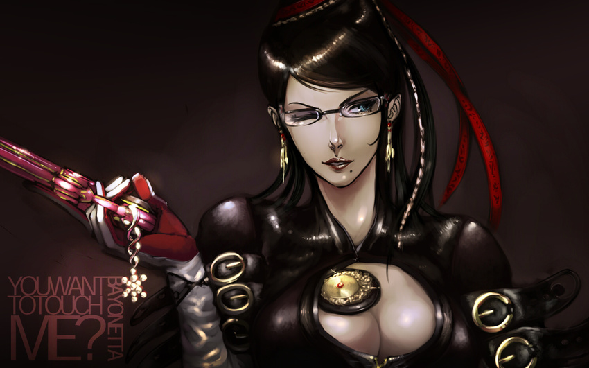 bayonetta bayonetta_(character) black_hair blue_eyes bodysuit breasts cleavage cleavage_cutout david_liu earrings elbow_gloves glasses gloves grin gun hair_ribbon jewelry large_breasts lips mole mole_under_mouth one_eye_closed ribbon smile solo wallpaper weapon
