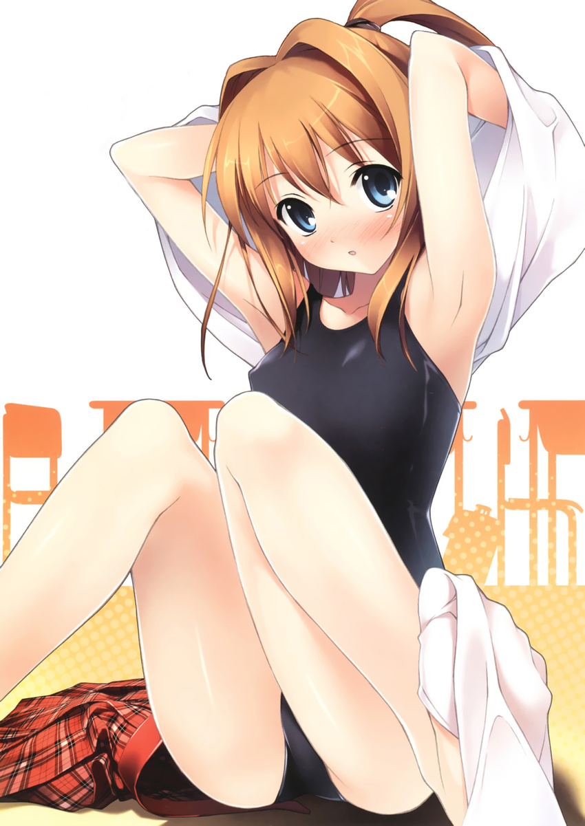 :o armpits arms_up bag bangs blue_eyes blush breasts chair classroom covered_nipples crotch desk embarrassed feet foreshortening gradient gradient_background hair_between_eyes hair_intakes head_tilt high_ponytail highres indoors kantoku knees_together_feet_apart legs looking_at_viewer miniskirt miyaguchi_kei nose_blush on_floor one-piece_swimsuit one_side_up open_mouth orange_hair original plaid plaid_skirt pleated_skirt polka_dot polka_dot_background ponytail scan school_bag school_swimsuit school_uniform scrunchie shirt shirt_lift short_hair sidelocks silhouette single_sock sitting skirt skirt_removed small_breasts sock_dangle sock_pull socks solo spread_legs surprised swimsuit swimsuit_under_clothes undressing white_legwear