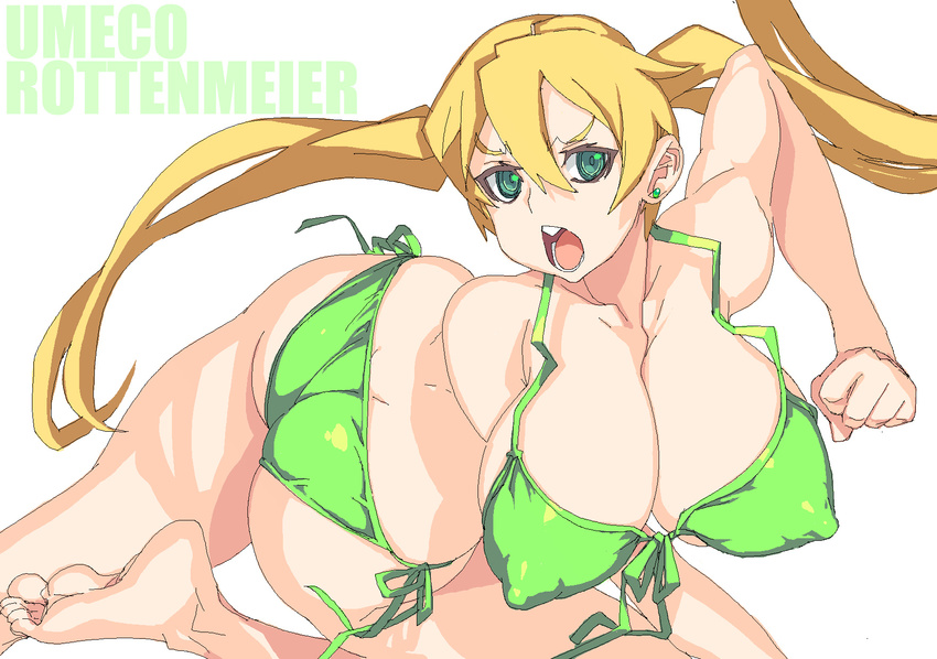ass bad_id bad_pixiv_id barefoot bikini blonde_hair breasts copyright_request covered_nipples green_eyes highres large_breasts long_hair open_mouth side-tie_bikini simple_background solo swimsuit twintails vrkdh