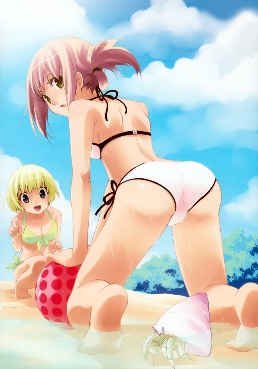 absurdres artist_request ball beachball bikini blonde_hair blue_eyes copyright_request highres kneeling looking_back multiple_girls open_mouth red_hair short_hair swimsuit yellow_eyes