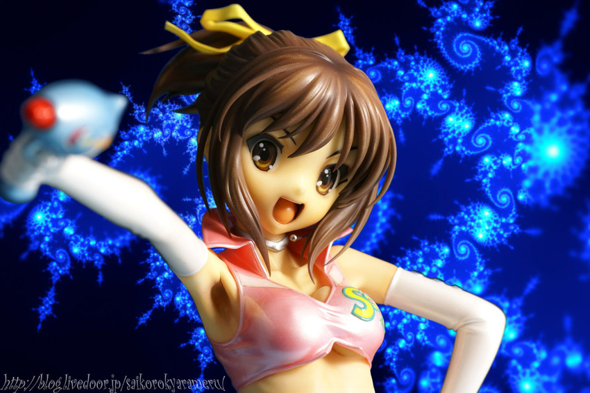 armpits bow breasts brown_eyes brown_hair bubba choker crop_top elbow_gloves energy_gun figure gloves hair_bow headset midriff open_mouth photo ponytail ray_gun short_hair small_breasts smile solo sos_galactic_patrol suzumiya_haruhi suzumiya_haruhi_no_yuuutsu underboob weapon