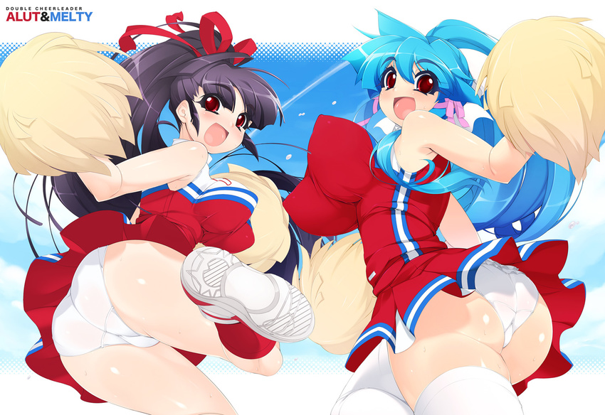 akatsuki_alut ass bad_id bad_pixiv_id bare_shoulders black_hair blue_hair bouncing_breasts bow breasts cheerleader hair_bow large_breasts long_hair looking_back mel/a melmaid multiple_girls original panties pom_poms ponytail red_eyes shoes sneakers thighhighs underwear upskirt
