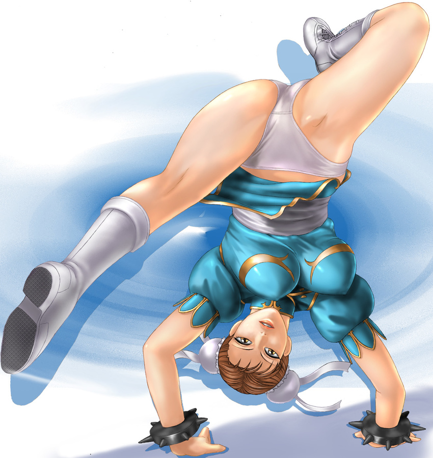 bracelet breasts brown_eyes brown_hair bun_cover capoeira china_dress chinese_clothes chun-li covered_nipples double_bun dress dress_flip handstand highres impossible_clothes jewelry kicking large_breasts no_legwear panties pantyshot pelvic_curtain solo spiked_bracelet spikes spinning_bird_kick street_fighter toten_(der_fuhrer) underwear upside-down white_panties