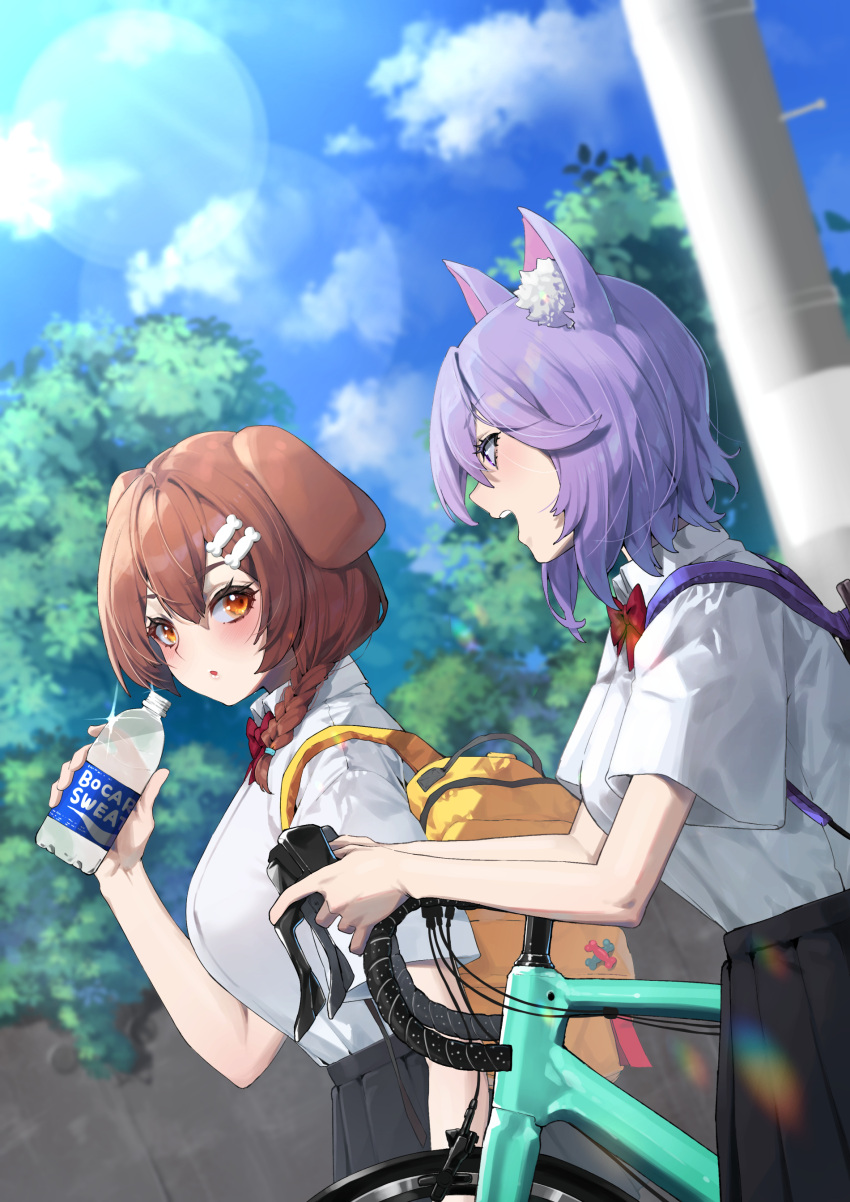 2girls absurdres animal_ears backpack bag bangs bicycle black_skirt blue_sky blush bone_hair_ornament bottle bow bowtie braid brand_name_imitation breasts brown_eyes brown_hair cat_ears cloud collared_shirt day dog_ears ground_vehicle hair_ornament highres holding holding_bottle hololive inugami_korone lens_flare looking_at_another medium_hair mikan_(chipstar182) multiple_girls nekomata_okayu open_mouth outdoors parted_lips pleated_skirt purple_hair red_bow red_bowtie school_uniform shirt short_sleeves skirt sky tree water_bottle white_shirt