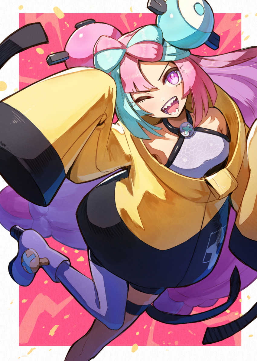 1girl ;d asymmetrical_legwear blue_footwear blue_hair blue_thighhighs boots highres iono_(pokemon) jacket kuroi_susumu looking_at_viewer multicolored_hair one_eye_closed pink_eyes pink_hair pokemon pokemon_(game) pokemon_sv sharp_teeth single_thighhigh sleeves_past_fingers sleeves_past_wrists smile solo teeth thigh_strap thighhighs two-tone_hair yellow_jacket