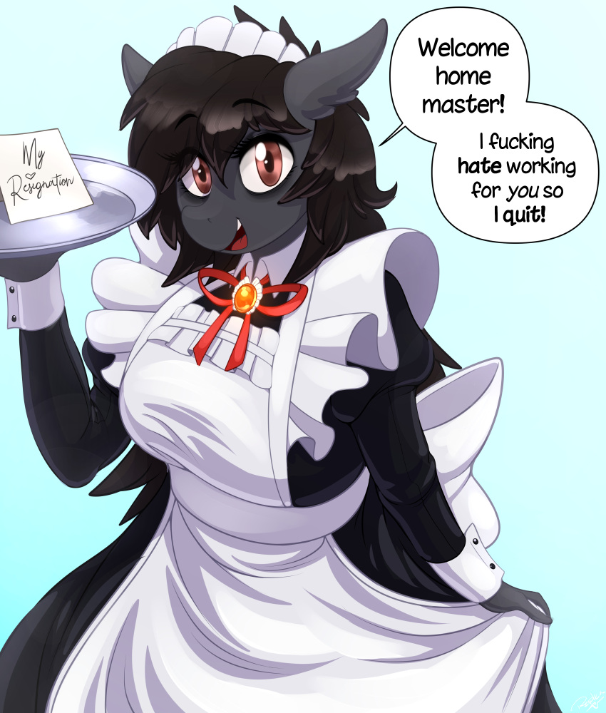 absurd_res anthro bags_under_eyes brown_eyes clothing dialogue earth_pony english_text equid equine fan_character hasbro hi_res horse maid_apron maid_hat maid_uniform mammal my_little_pony platter pony profanity replica_(artist) replica_(oc) text uniform