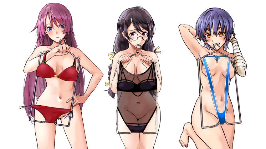 3girls absurdres arm_behind_head arm_up armpits bakemonogatari bandaged_arm bandages barefoot bikini black_bikini black_hair blue_bikini blue_eyes blue_hair blush braid breasts clothes_hanger convenient_censoring feet frown glasses groin hair_ornament hair_ribbon hairclip hand_on_hip hanekawa_tsubasa highres holding holding_clothes holding_clothes_hanger holding_swimsuit kanbaru_suruga large_breasts leg_lift legs long_hair looking_at_viewer medium_breasts monogatari_(series) mouth_hold multiple_girls nari_(nari149528) navel nude orange_eyes pout purple_eyes purple_hair red_bikini ribbon senjougahara_hitagi short_hair simple_background slingshot_swimsuit swimsuit take_your_pick thighs twin_braids twintails very_long_hair wardrobe_error white_background yellow_ribbon