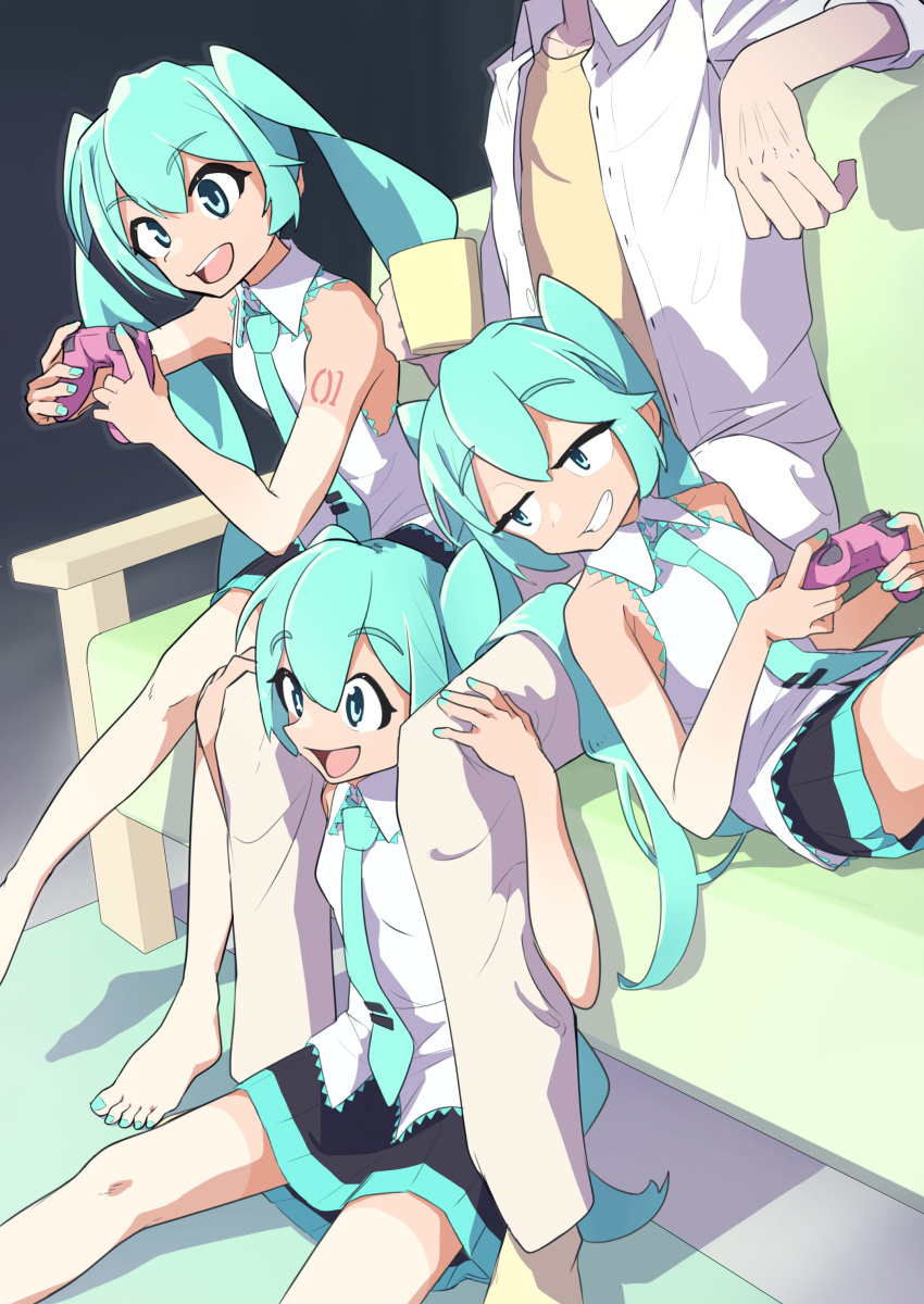 1boy 3girls absurdres aqua_eyes aqua_hair aqua_necktie bare_arms bare_legs barefoot between_legs black_skirt clone commentary controller cup game_controller grin hatsune_miku head_out_of_frame highres holding holding_another's_leg holding_controller holding_cup holding_game_controller jitome kinosuke_(pattaba) lap_pillow long_hair lying master_(vocaloid) miniskirt mug multiple_girls nail_polish necktie on_back open_mouth pleated_skirt shirt skirt sleeveless sleeveless_shirt smile tan tanlines toenail_polish toenails twintails very_long_hair vocaloid white_shirt