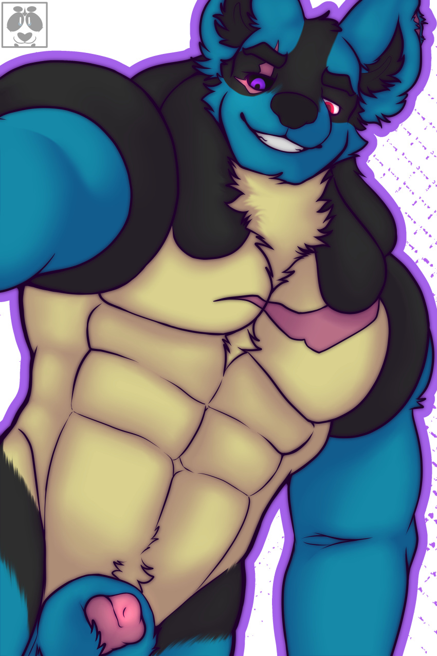 abs absurd_res animal_genitalia anthro black_body black_fur black_sclera blue_body blue_fur canine_genitalia chest_tuft eye_scar facial_scar fully_sheathed fur generation_4_pokemon genitals heterochromia hi_res looking_at_viewer lucario male muscular muscular_male nagisalucario nintendo nude penis penis_tip pokemon pokemon_(species) purple_eyes red_eyes scar sheath simple_background smile solo tan_body tan_fur tobyreole tuft video_games