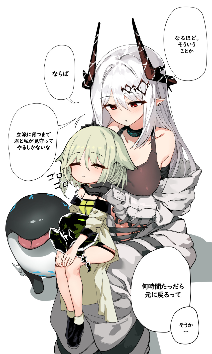 2girls absurdres aged_down animal_ears arknights bangs bare_shoulders bitey_(arknights) black_gloves breasts clothes gloves green_hair hair_ornament hairclip highres horns kal'tsit_(arknights) kinbakuman long_hair mon3tr_(arknights) mudrock_(arknights) multiple_girls petting pointy_ears red_eyes short_hair sitting sitting_on_person tongue tongue_out translation_request white_hair