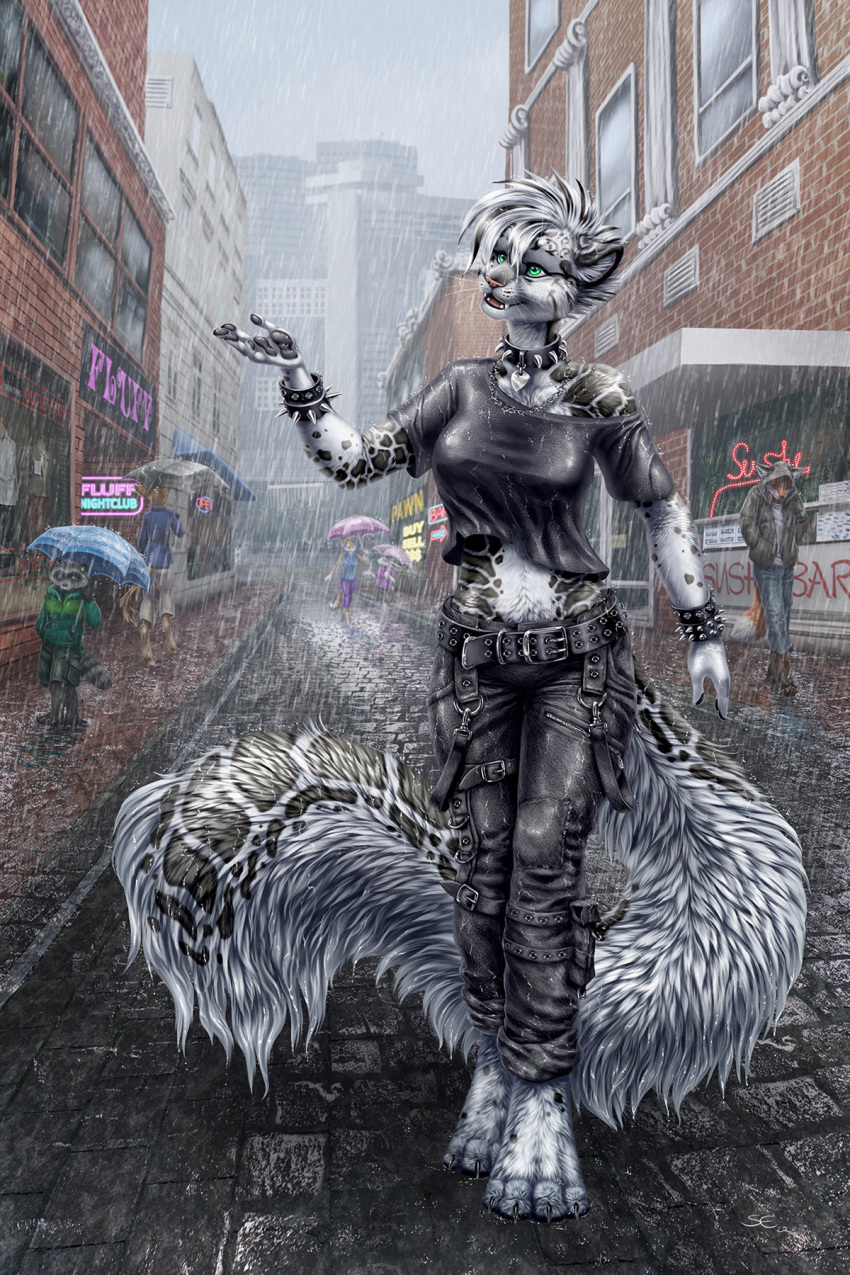 2022 2:3 4_toes 5_fingers anthro black_spots breasts canid canine clothed clothing clouded_leopard day detailed_background digital_media_(artwork) feet felid female fingers fox fur green_eyes grey_body grey_fur hi_res lagomorph leporid male mammal open_mouth orange_body orange_fur outside pantherine procyonid rabbit raccoon raining sabretoothed_ermine sky smile spots spotted_body spotted_fur teeth toes tongue