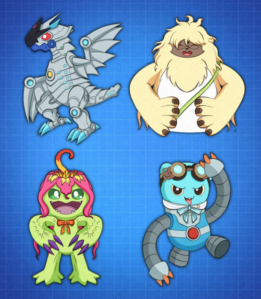 angoramon anthro anthrofied bandai_namco danganronpa digimon digimon_(species) dragon english_text espimon eyewear female flower fluffy_chest fur glasses gonta_gokuhara group hi_res k1-b0 lagomorph leporid liliana86973943 long_ears machine male mammal miu_iruma palmon plant rabbit robot text tsumugi_shirogane yellow_body yellow_fur