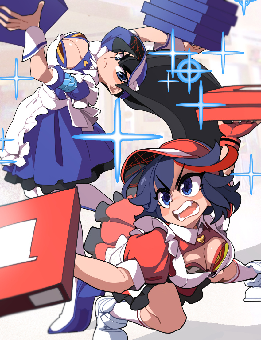 2girls absurdres adapted_costume apron arched_back black_hair blue_dress blue_eyes bongfill boots breasts cleavage cleavage_cutout clothing_cutout detached_collar dress eyelashes fingerless_gloves frilled_apron frills gloves heart highres junketsu kill_la_kill kiryuuin_satsuki large_breasts life_fiber long_hair maid maid_apron matoi_ryuuko multicolored_hair multiple_girls open_mouth pizza_box puffy_short_sleeves puffy_sleeves red_dress red_gloves red_hair senketsu shoes short_hair short_sleeves single_glove sneakers socks sparkle streaked_hair teeth thick_eyebrows thigh_boots v-shaped_eyebrows visor_cap white_apron white_footwear white_socks wrist_cuffs