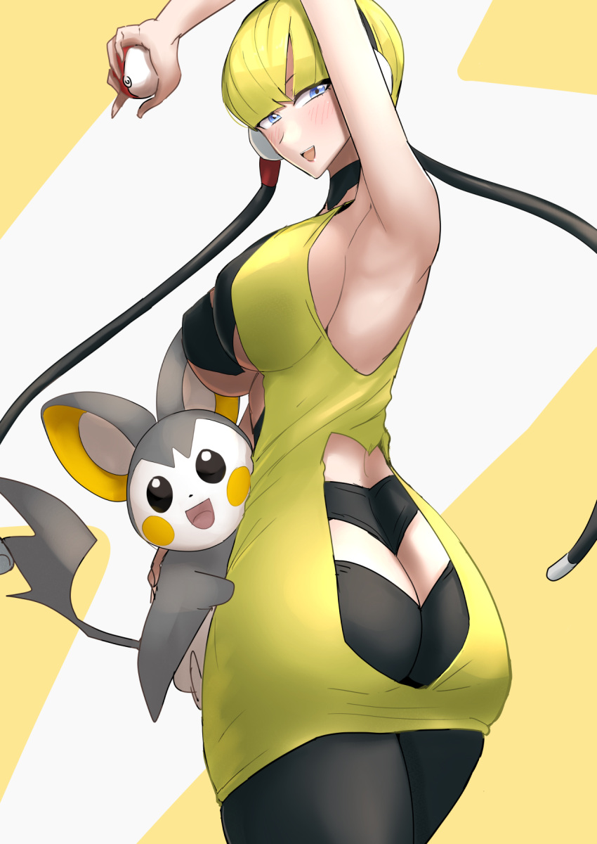 1girl ass bangs bare_arms bare_shoulders black_choker black_headphones black_pantyhose blonde_hair blue_eyes blunt_bangs breasts choker clash_kuro_neko covered_nipples dress elesa_(pokemon) emolga headphones highres holding holding_poke_ball large_breasts pantyhose poke_ball poke_ball_(basic) pokemon pokemon_(creature) pokemon_(game) pokemon_bw short_dress short_hair sideboob sleeveless sleeveless_dress underbust yellow_dress