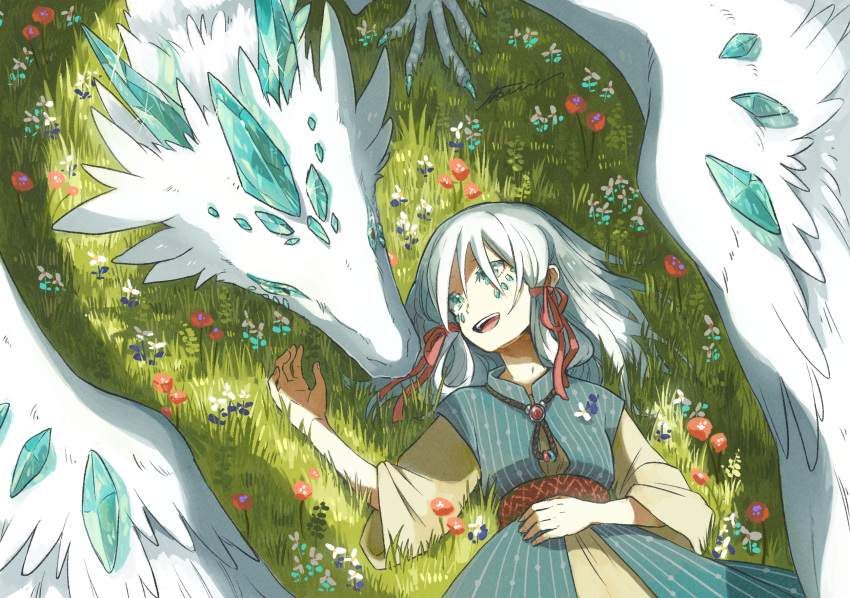 1girl aqua_eyes aqua_flower belt blue_flower brown_belt commentary_request crystal dragon dress feathered_dragon flower grass grey_hair hair_ribbon hand_on_own_stomach highres layered_dress long_sleeves looking_at_another lying making-of_available medium_hair multiple_sources on_back on_grass open_mouth original ototoi_(eevees813) outdoors pinstripe_dress pinstripe_pattern red_flower red_ribbon ribbon signature smile solo striped teeth upper_teeth white_flower yellow_dress