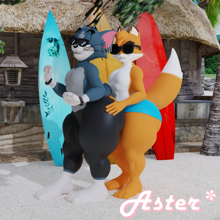 anthro big_butt bottoms butt butt_grab canid canine clothing domestic_cat duo eyewear felid feline felis fox fracturedlightning fur glasses hand_on_butt hi_res lucas_swiftail male male/male mammal metro-goldwyn-mayer orange_body orange_fur sunglasses thomas_cat tom_and_jerry wide_hips