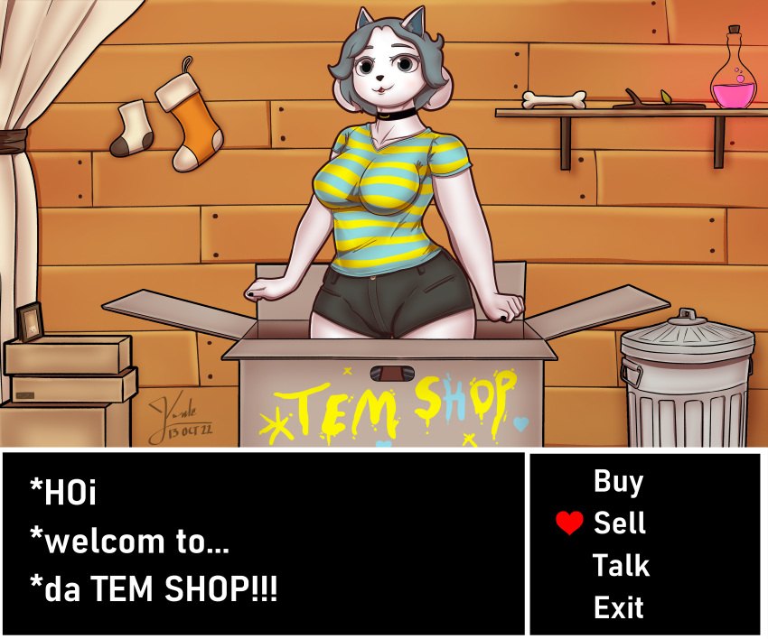 6:5 absurd_res anthro bottomwear breasts canid canine clothed clothing collar english_text felid female grey_eyes grey_hair hair hi_res kevwrite mammal pattern_clothing shorts solo striped_clothing stripes temmie_(undertale) text undertale undertale_(series) video_games white_body