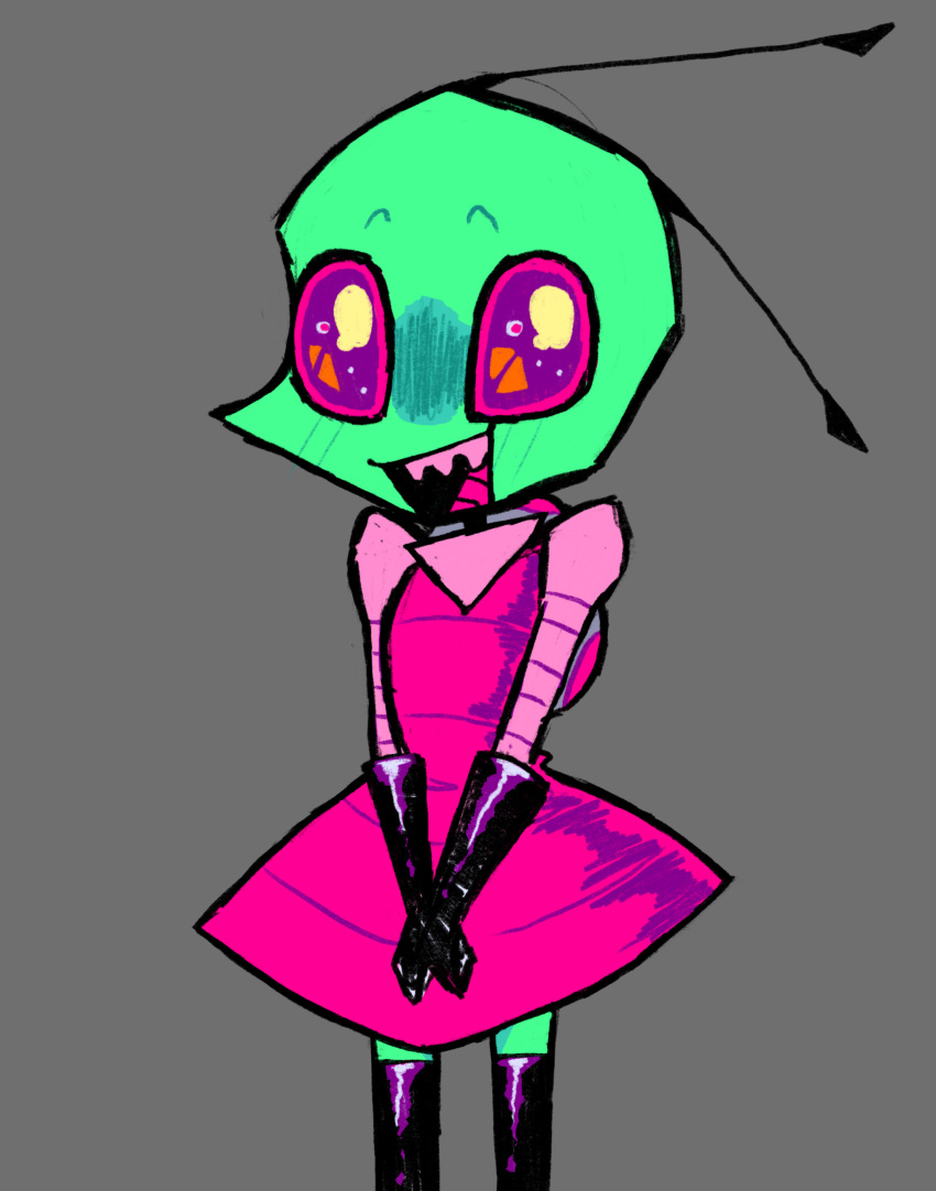 absurd_res alien alien_humanoid antennae_(anatomy) bald black_clothing black_gloves black_handwear blush blush_lines clothing colored_sketch dreamscreep dress glistening glistening_clothing glistening_eyes gloves green_body green_skin handwear hi_res humanoid invader_zim irken legwear male nickelodeon not_furry pink_clothing pink_eyes pink_teeth pink_tongue sketch smile smiling_at_viewer solo thigh_highs tongue zim